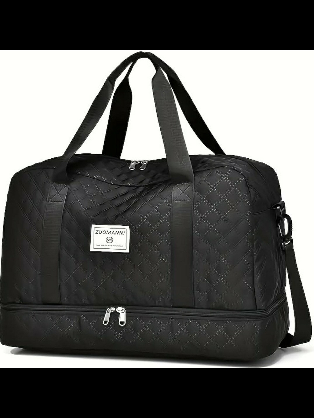Black Quilted Duffel Bag with Bottom Shoe Compartment